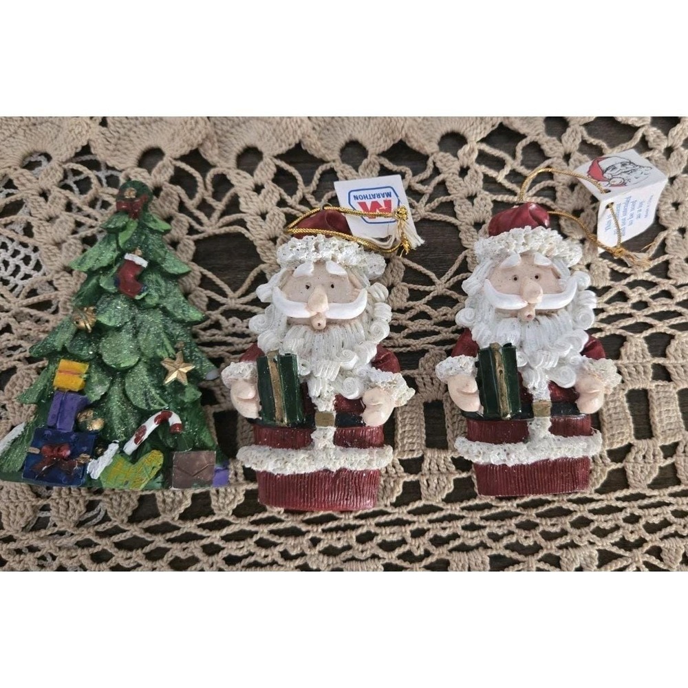 VTG 2001 Marathon Christmas Ornament 2 Santa With Tags  1 Christmas Tree No Tag
